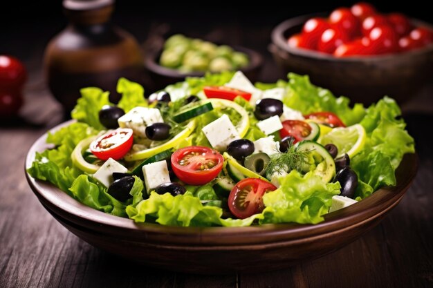 Ensalada fresca con lechuga tomate pepino y aceitunas