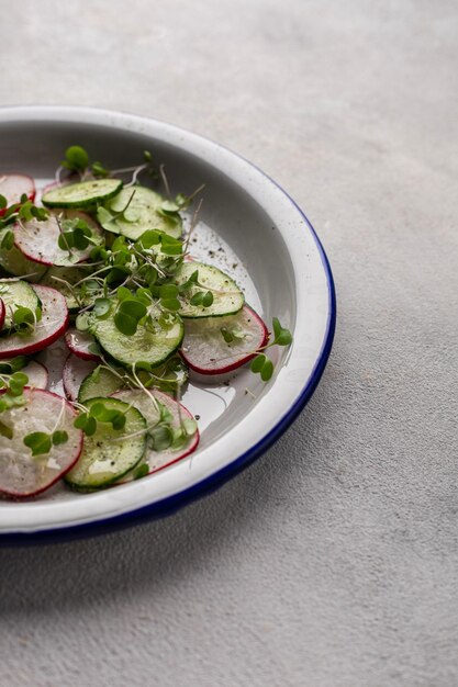 Ensalada fresca de pepino rábano y microvegetales en un plato plano sobre un fondo claro con espacio para copiar