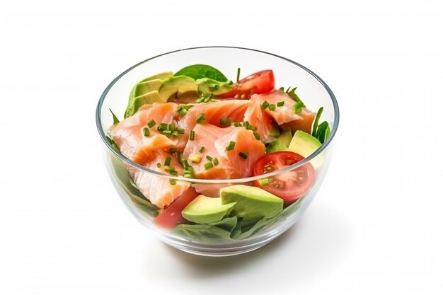 Ensalada fresca con salmón sin verduras y aguacate aislado sobre fondo blanco