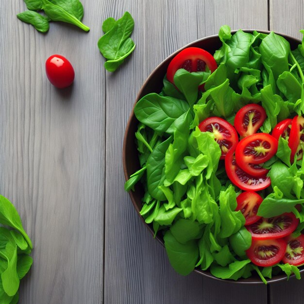 Ensalada fresca y saludable en la mesa de madera