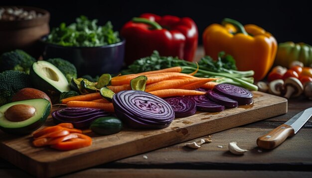 Foto ensalada fresca y saludable con vegetales orgánicos e ingredientes coloridos preparados en interiores generados por ia