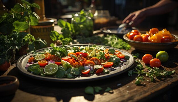 Foto ensalada fresca y saludable con verduras orgánicas en una mesa de madera generada por ia