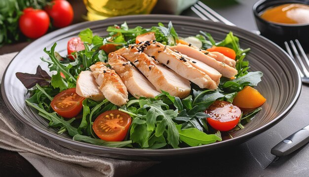 Ensalada fresca con tomate de pollo y verduras