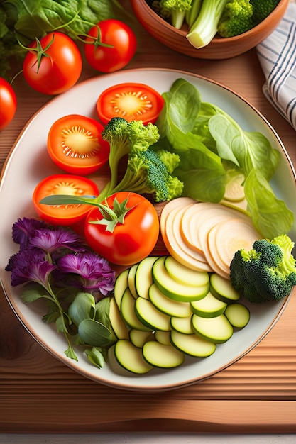 Ensalada fresca con tomate rojo y verduras verdes mixtas en una mesa de comedor de madera, concepto de comida saludable