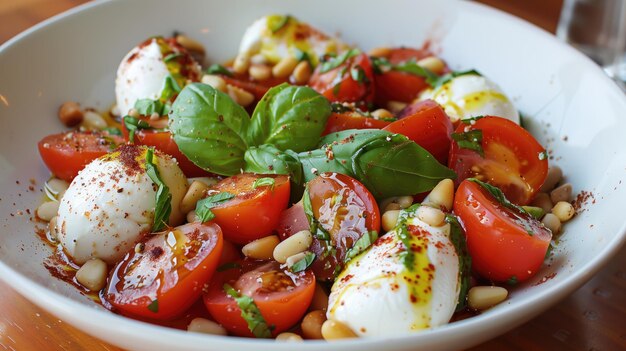 Ensalada fresca con tomates cereza mozzarella aguacate albahaca