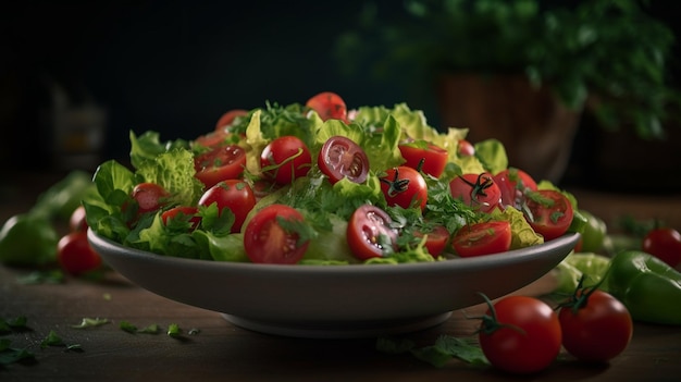 Ensalada fresca con tomates cherry sobre un fondo oscuro generativo ai