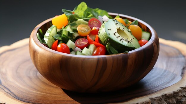 Foto ensalada fresca con tomates y mozzarella en un cuenco de madera en la mesa