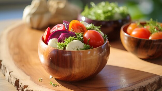 Foto ensalada fresca con tomates y mozzarella en un cuenco de madera en la mesa