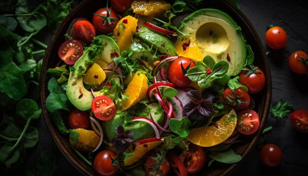 Ensalada fresca con tomates orgánicos, pepino y mozzarella generada por IA