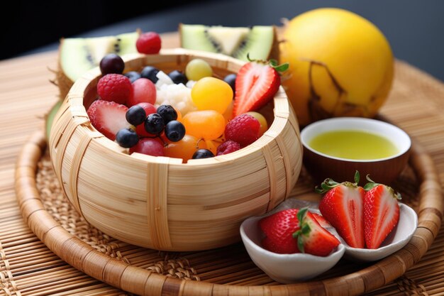 Foto ensalada de frutas con cáscara de coco sobre una estera de bambú