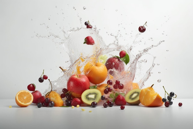 Una ensalada de frutas con un chorrito de agua