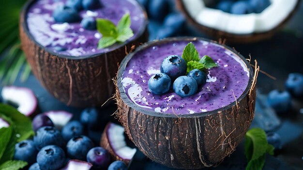 una ensalada de frutas de color púrpura está en una mesa con arándanos y arándanos