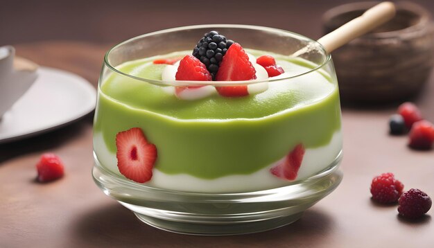 Foto una ensalada de frutas de color verde está en una taza de vidrio