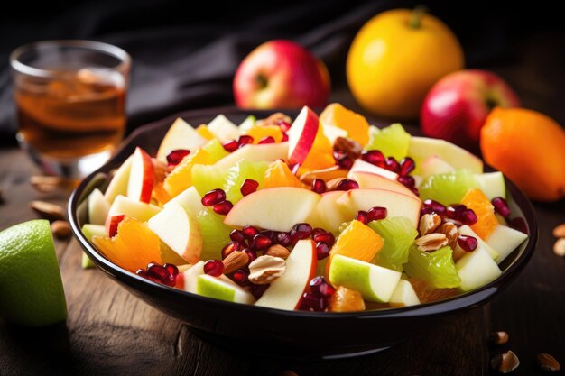 Ensalada de frutas colorida con manzana, naranja y pera