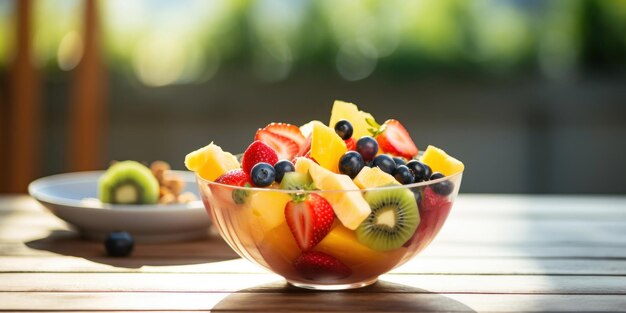 Una ensalada de frutas en un cuenco en la mesa de madera