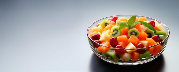 Foto ensalada de frutas en un cuenco de vidrio para copiar el espacio