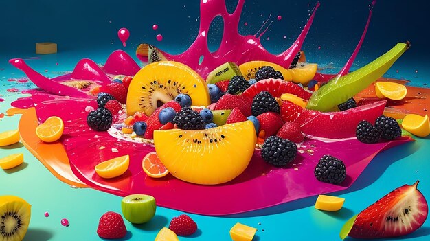 la ensalada de frutas derramada en el piso era un desastre de colores y texturas vibrantes