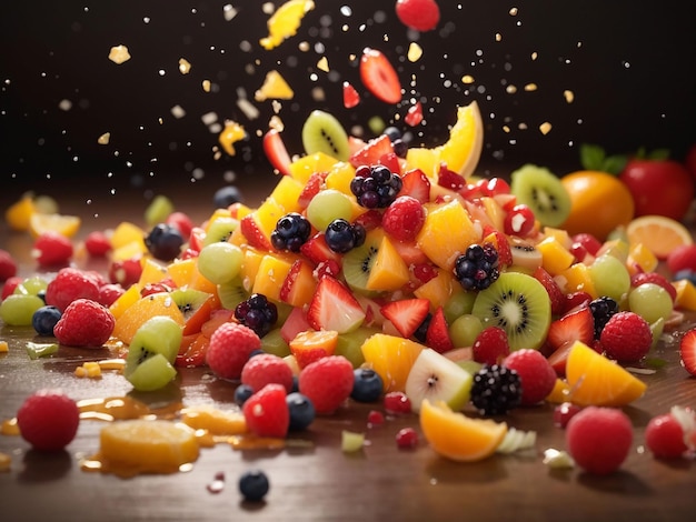 La ensalada de frutas derramada por el suelo era un desastre de colores y texturas vibrantes.