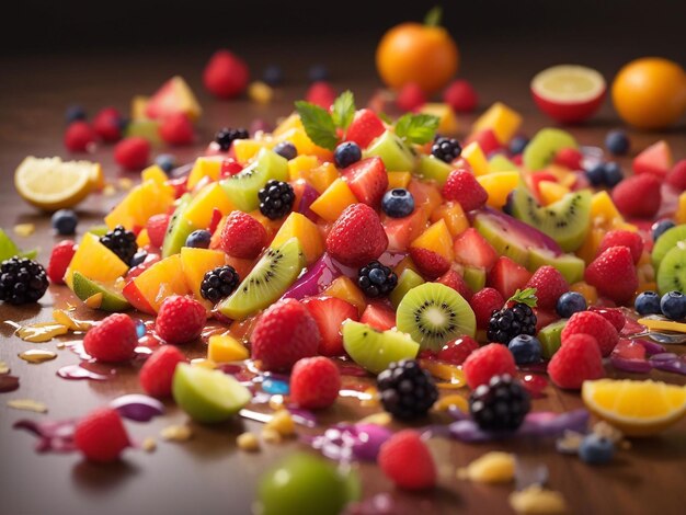 La ensalada de frutas derramada por el suelo era un desastre de colores y texturas vibrantes.