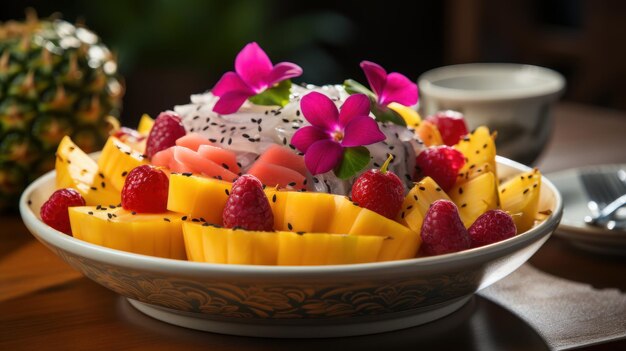 Ensalada de frutas exóticas servida en media fruta de dragón sobre hojas de palma con flores tropicales