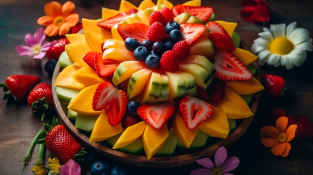 Una ensalada de frutas en forma de flor generada por IA