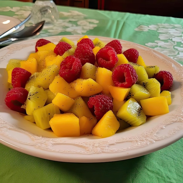 Ensalada de frutas con frambuesas de mango y kiwi