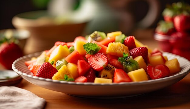 Ensalada de frutas frescas con bayas y melón generada por IA