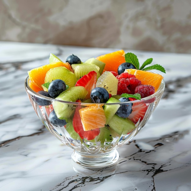 Ensalada de frutas frescas en un cuenco de cristal de vidrio sobre un fondo de mármol