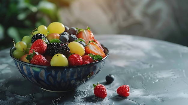 Ensalada de frutas frescas en un cuenco con una variedad de bayas y uvas