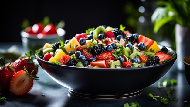 Foto la ensalada de frutas frescas con fresas, arándanos, uvas kiwi y queso feta generan ai.