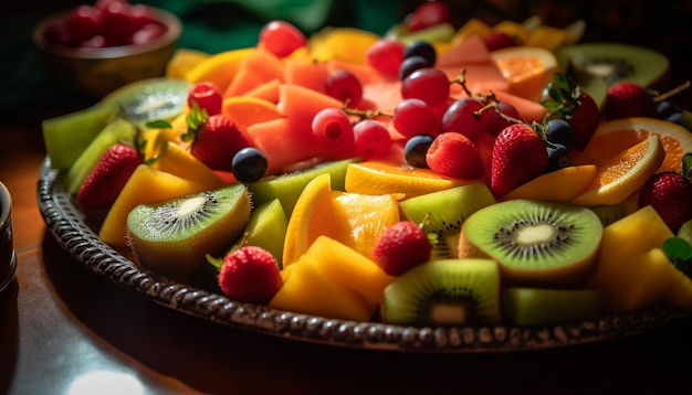 Foto ensalada de frutas frescas con kiwi fresa melón uva y piña generada por ia