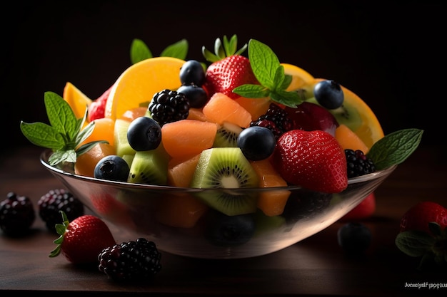 Ensalada de frutas frescas primer plano fotografía de alimentos ángulo bajo