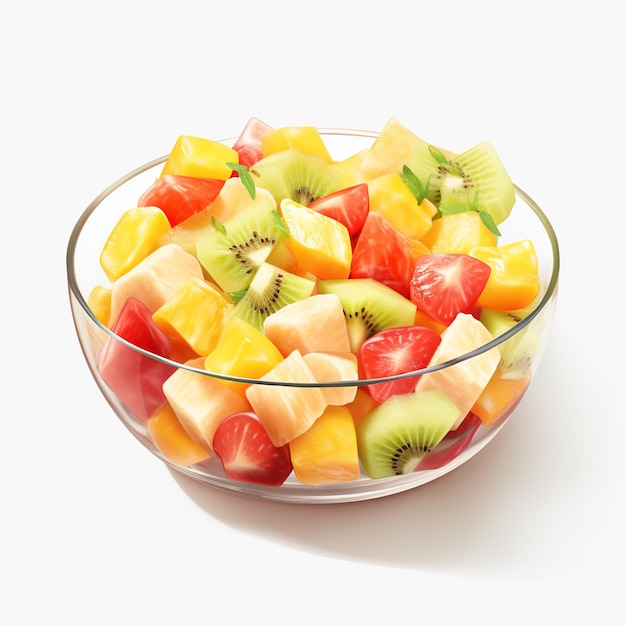 Ensalada de frutas frescas sobre fondo blanco.