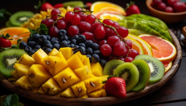 Foto ensalada de frutas frescas con una variedad de bayas y cítricos generada por ia