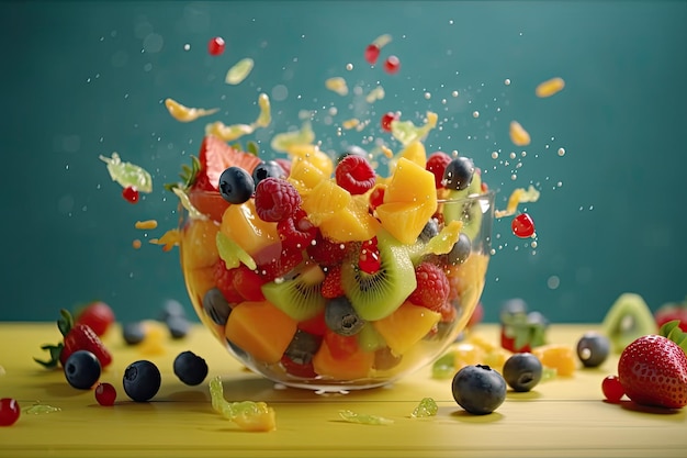 Ensalada de frutas frescas de verano con bayas coloridas y fresas dulces Perfecta para un postre o merienda saludable Ai generativo