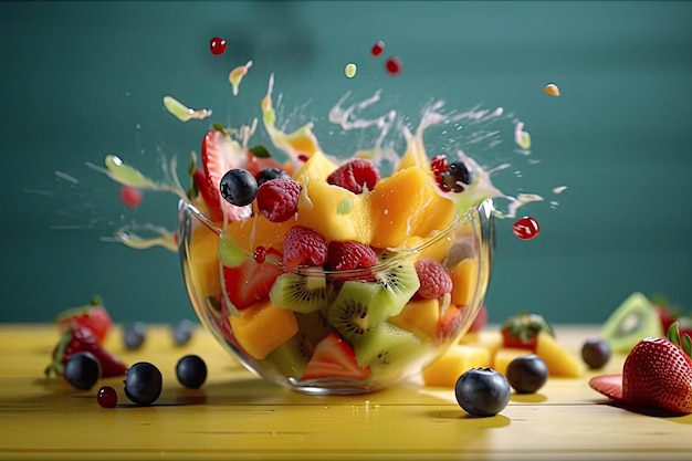 Ensalada de frutas frescas de verano con una mezcla colorida de fresas, arándanos, frambuesas y uvas Ai generativo