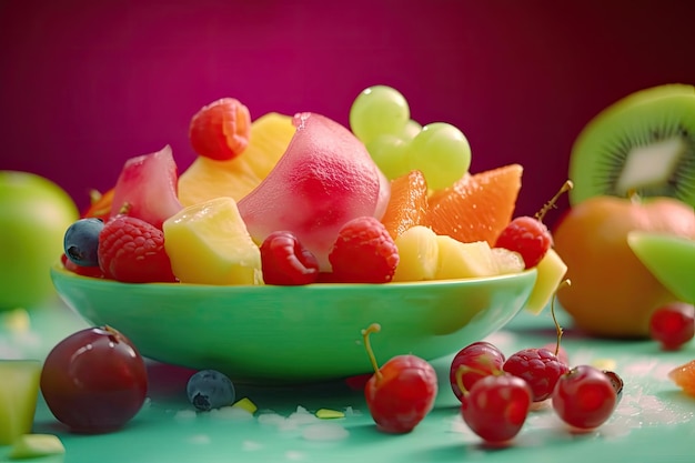 Ensalada de frutas frescas de verano sobre fondos coloridos Perfecto para una alimentación saludable, postres y conceptos gourmet Primer plano de uvas y bayas mixtas Ai generativo