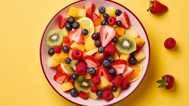 Ensalada de frutas mezclada en un plato sobre un fondo amarillo