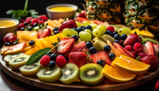 Foto ensalada de frutas multicolores, una variación gourmet de opciones de alimentación saludable generadas por inteligencia artificial