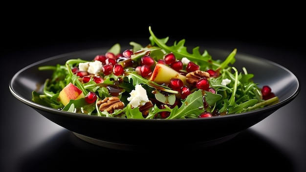 Una ensalada con frutas y nueces en un tazón negro.