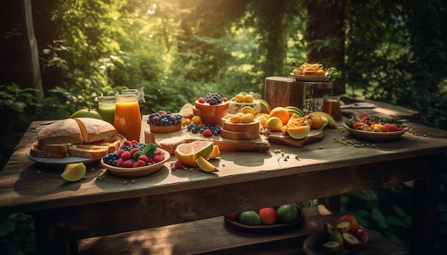 Ensalada de frutas orgánicas frescas en una mesa rústica de madera generada por IA