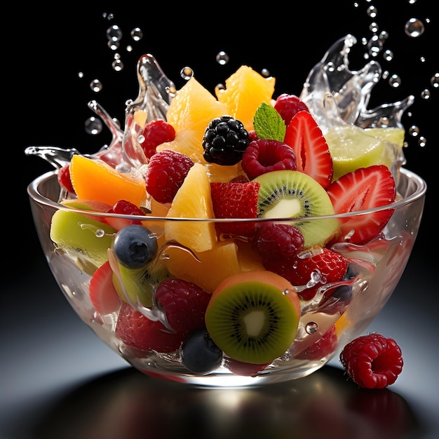 Ensalada de frutas en un plato transparente sobre un fondo negro con salpicaduras de agua