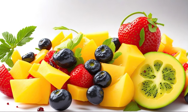 Ensalada de frutas con una variedad de frutas aisladas sobre fondo blanco ai generativo