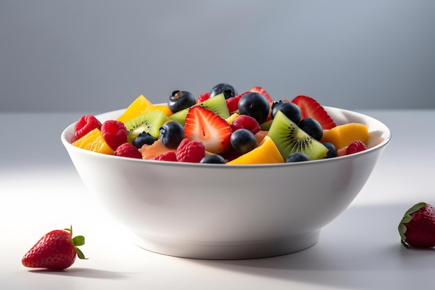 Una ensalada de frutas con una variedad de matices en un recipiente blanco fotografiada desde un punto de vista bajo IA generativa