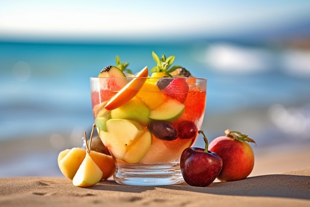 Ensalada de frutas en un vaso en la playa