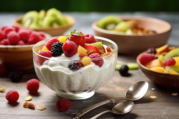 Ensalada de frutas con yogur en la mesa IA generativa