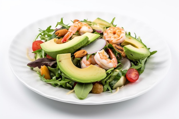 Una ensalada con gambas y aguacate sobre un fondo blanco.