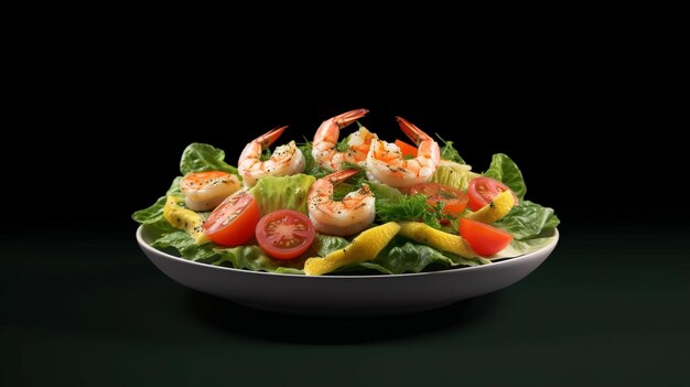 Una ensalada con gambas y tomates encima