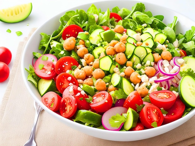 ensalada de garbanzos, tomate, pepino, rábano y comida dietética verde, tazón de buda