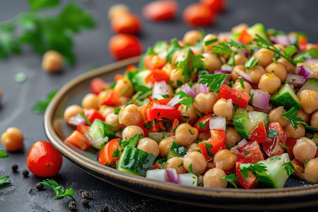 ensalada de garbanzos con tomates pepino perejil cebollas en un plato enfoque selectivo